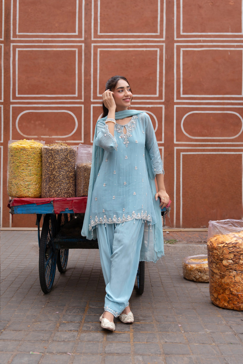 Full-length view of a powder blue embroidered salwar suit set