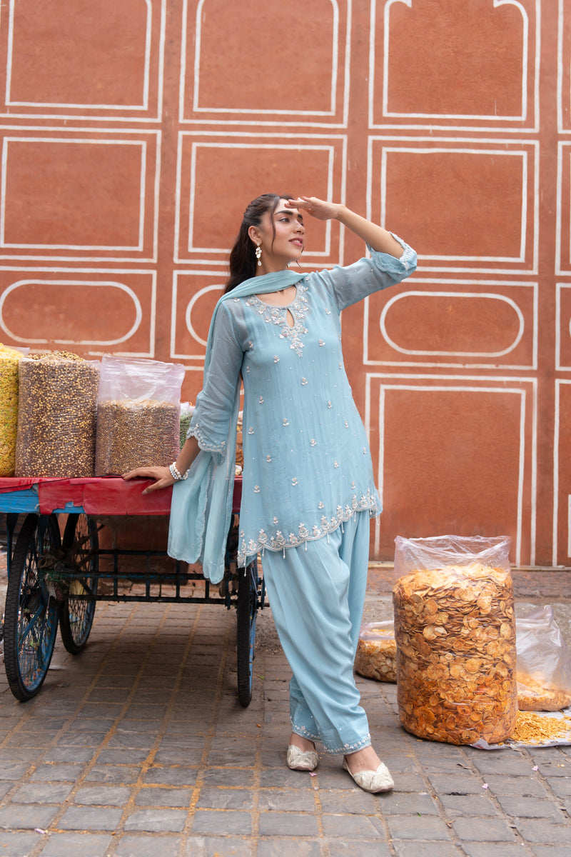 Close view of the embroidery on a powder blue kurta and dupatta