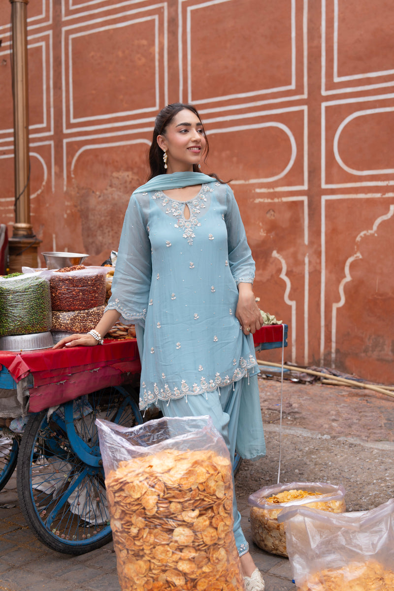 Detail of the neckline on a powder blue embroidered salwar kurta