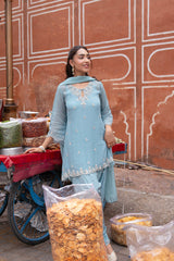 Detail of the neckline on a powder blue embroidered salwar kurta