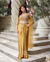 Golden Draped Saree Gown with Handcrafted Pearl & Stone Work