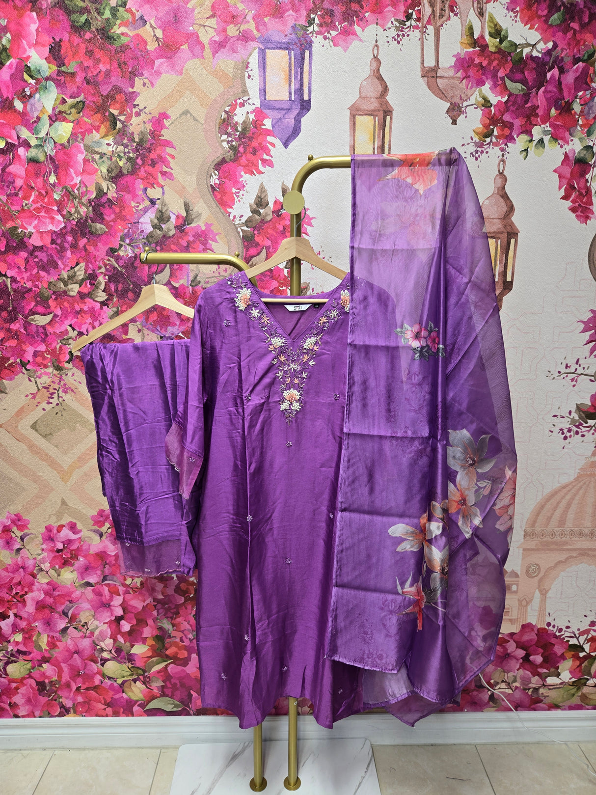 Lavender Floral Suit with Organza Dupatta