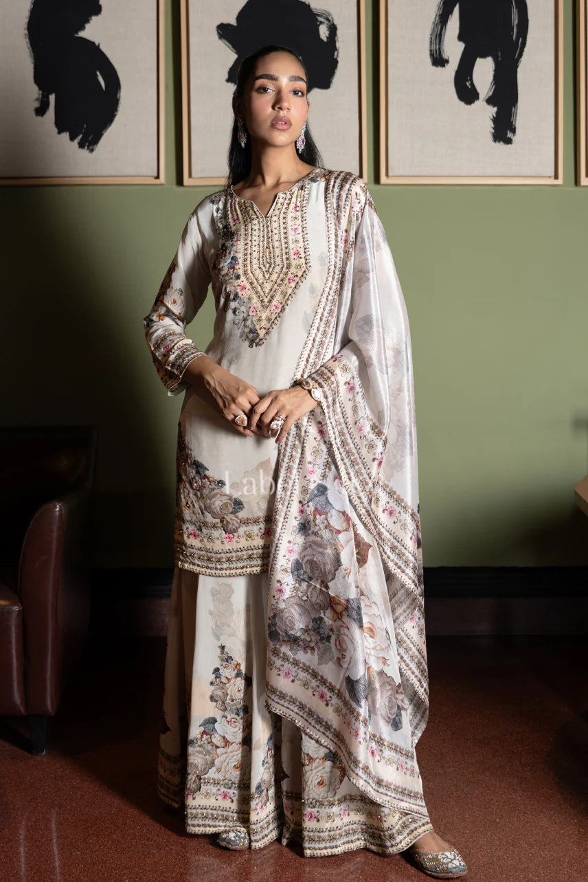 Ivory Garden Print Sharara Set - Label S4U