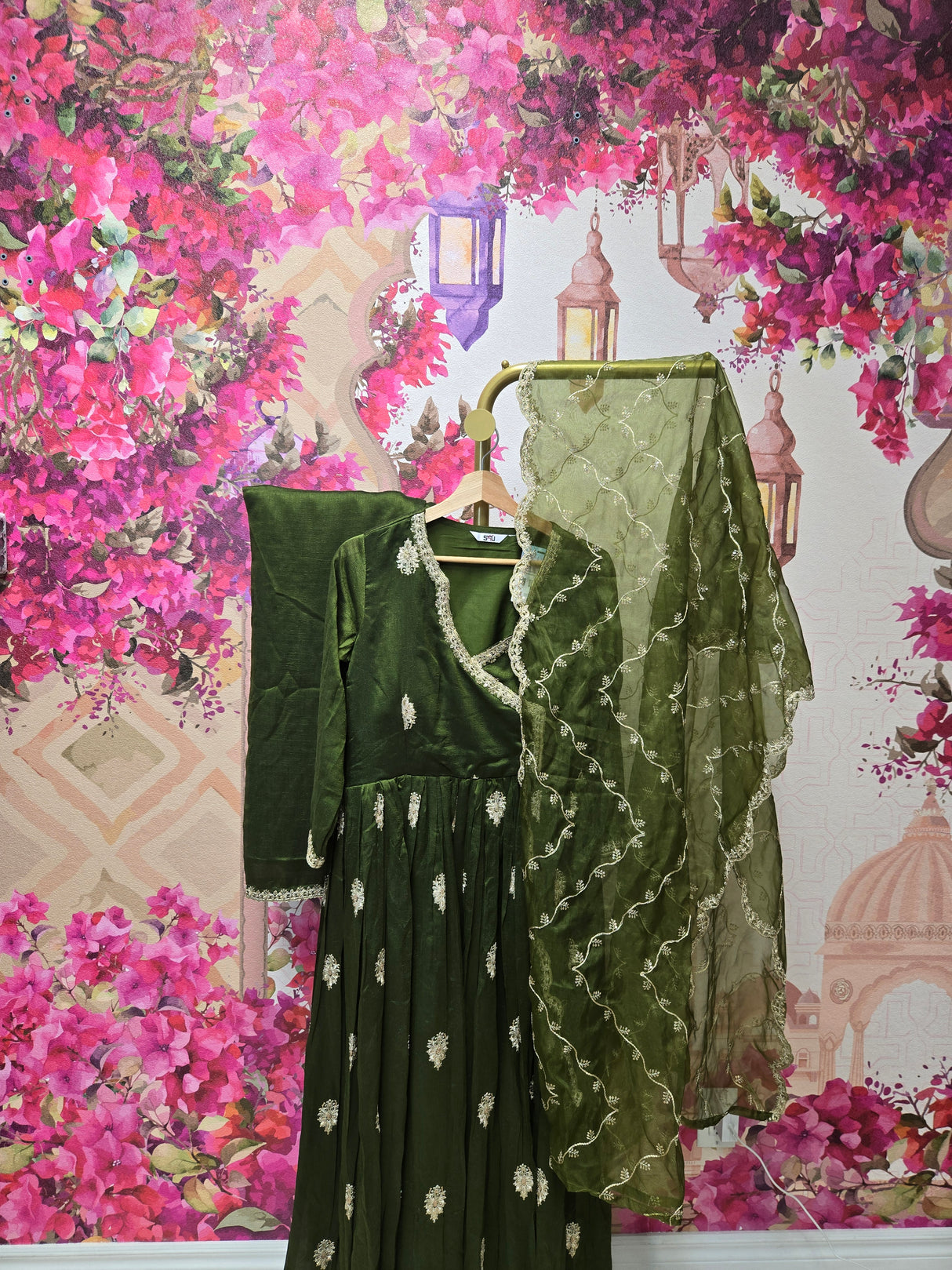 Olive Green Anarkali with Dupatta