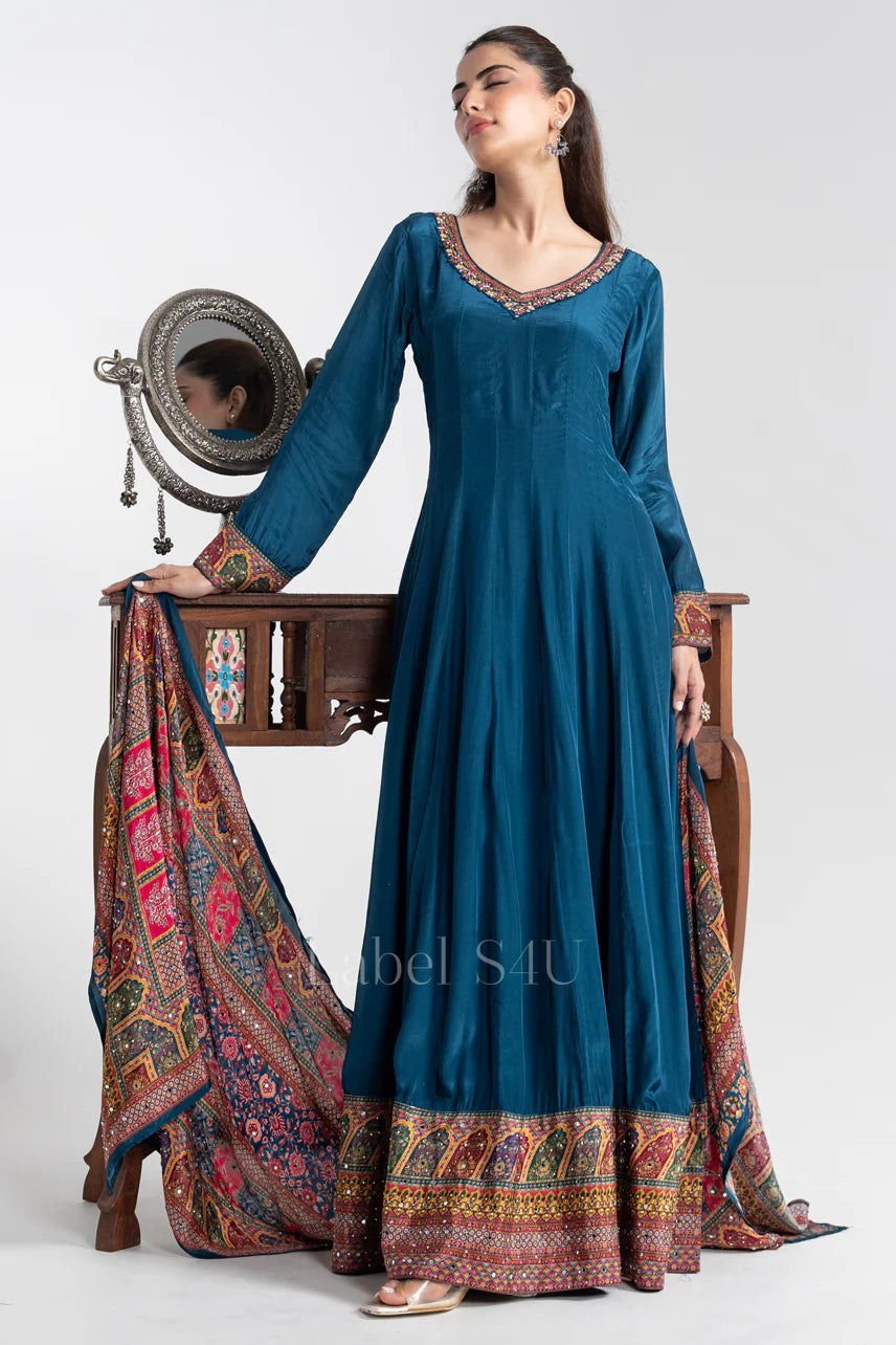 Teal Blue Anarkali with Printed Dupatta |Label S4U