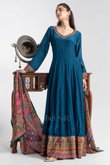 Teal Blue Anarkali with Printed Dupatta |Label S4U