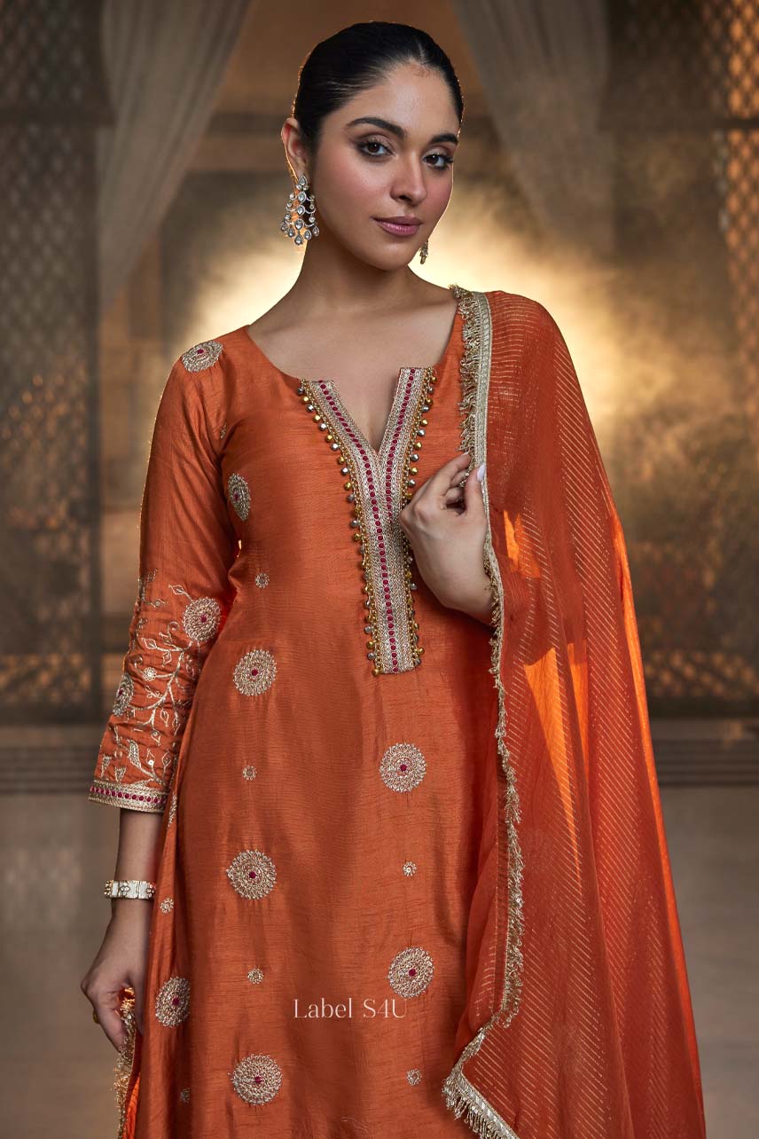 Rust Orange Handcrafted Silk Suit Set | Label S4U
