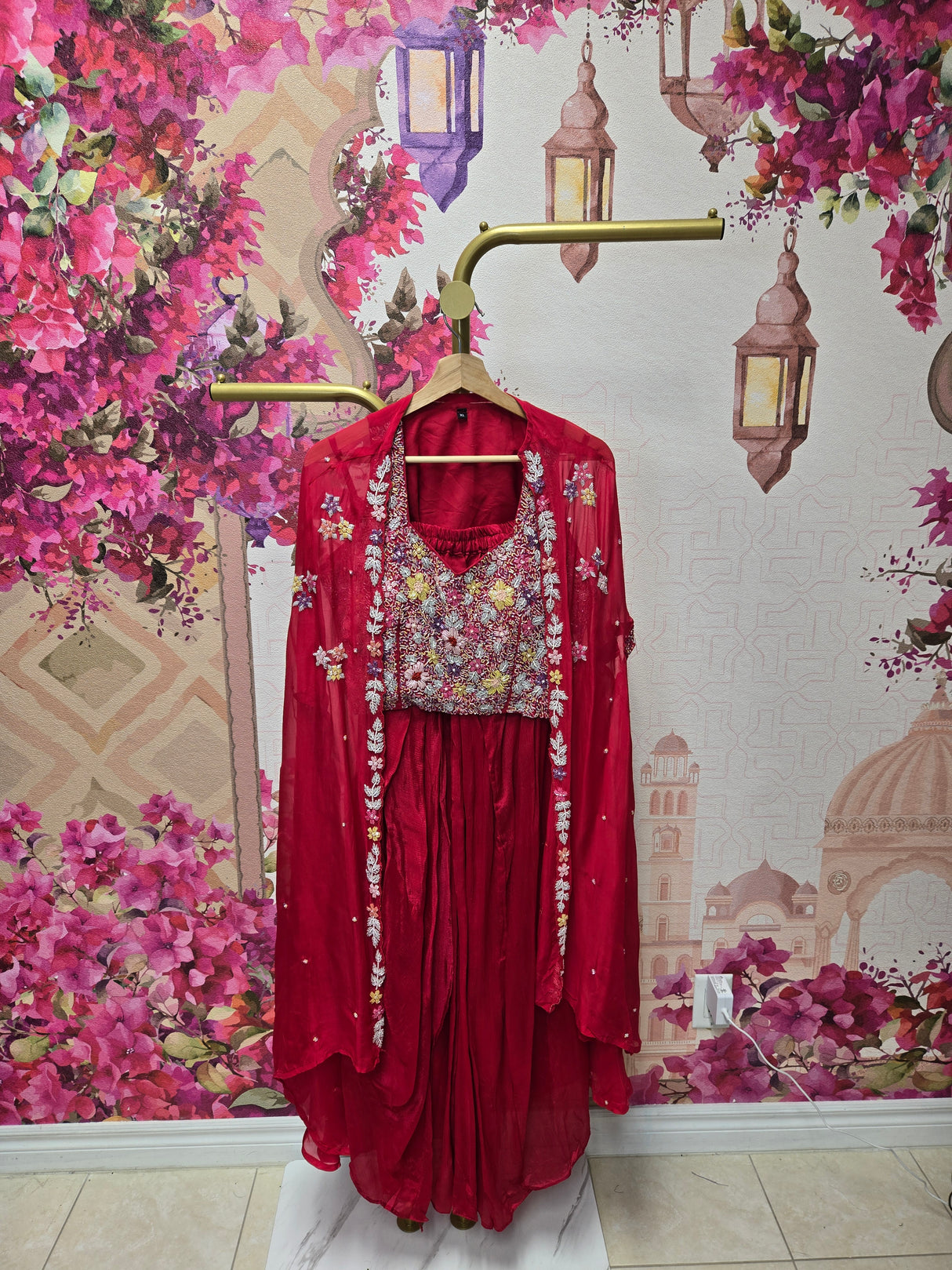 Red Sharara Set with Cape