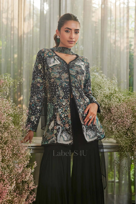 Handcrafted Black Palazzo Set with Heavy Swan Motif Jacket – South Asian Party & Festive Wear