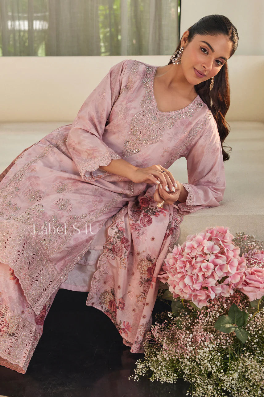 Dusty Rose Floral Kurta Set with Handcrafted Accents |Label S4U