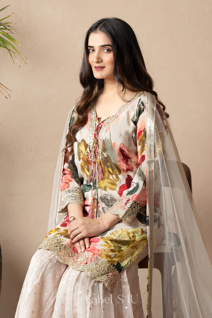 Ivory Floral Short Kurta & Sharara Set | Label S4U