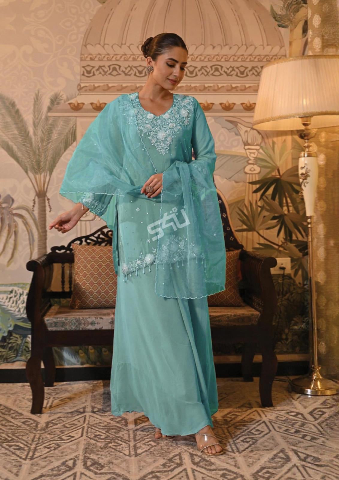 Aqua Blue Straight Suit with Dupatta |Label S4U