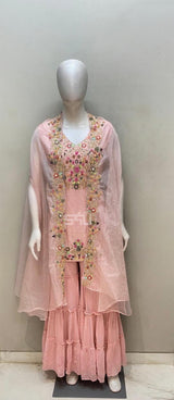 Soft Blush Pink Sharara Suit with Colorful Handcrafted Detailing |Label S4U