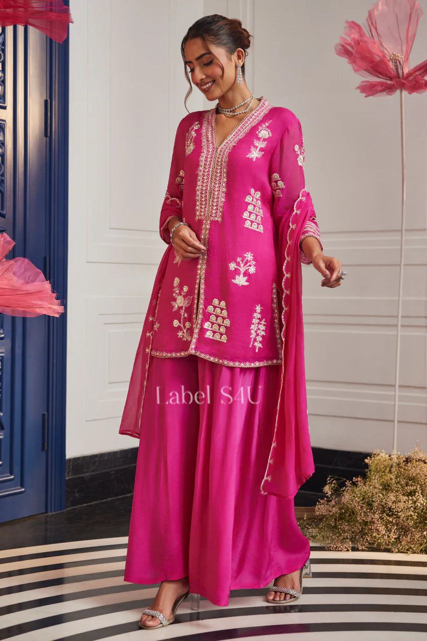 Radiant Pink Handcrafted Kurta Sharara Set with Dupatta| Label S4U
