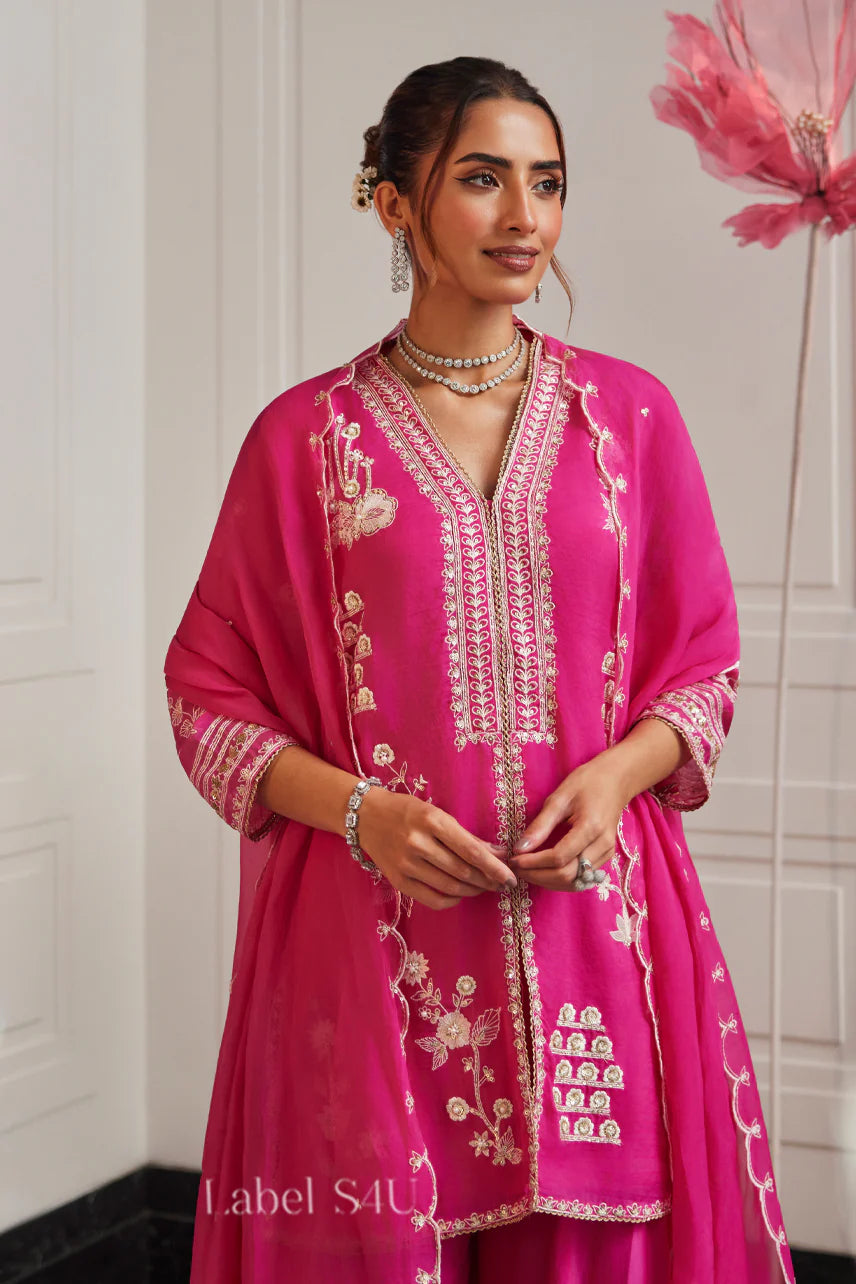 Radiant Pink Handcrafted Kurta Sharara Set with Dupatta| Label S4U