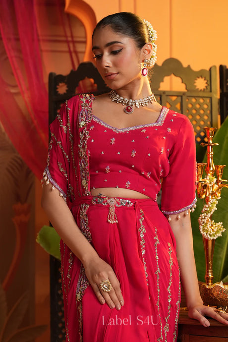 Red Draped Saree with Handcrafted Blouse | Label S4U