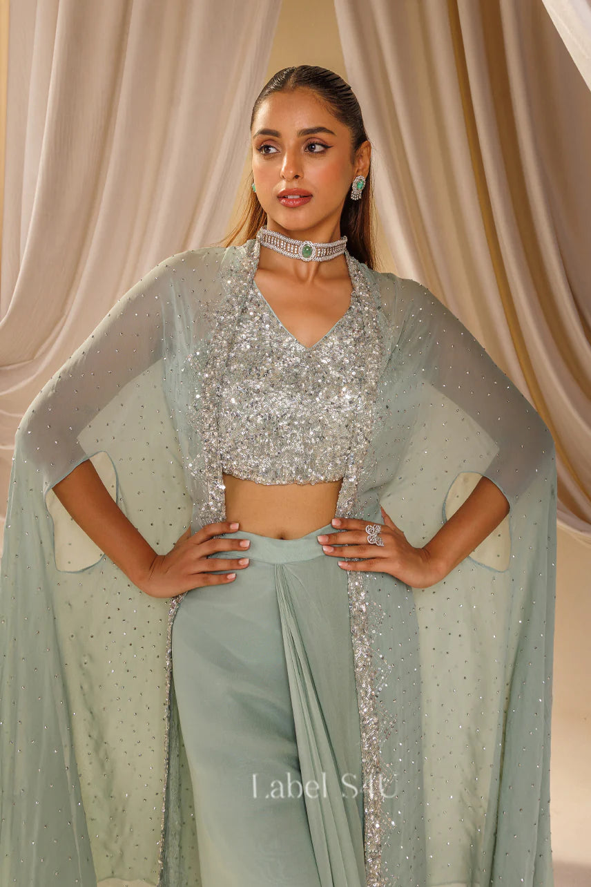 Mint Green Draped Pant Set with Embellished Bustier & Cape |Label S4U