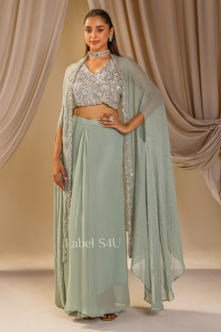 Mint Green Draped Pant Set with Embellished Bustier & Cape |Label S4U