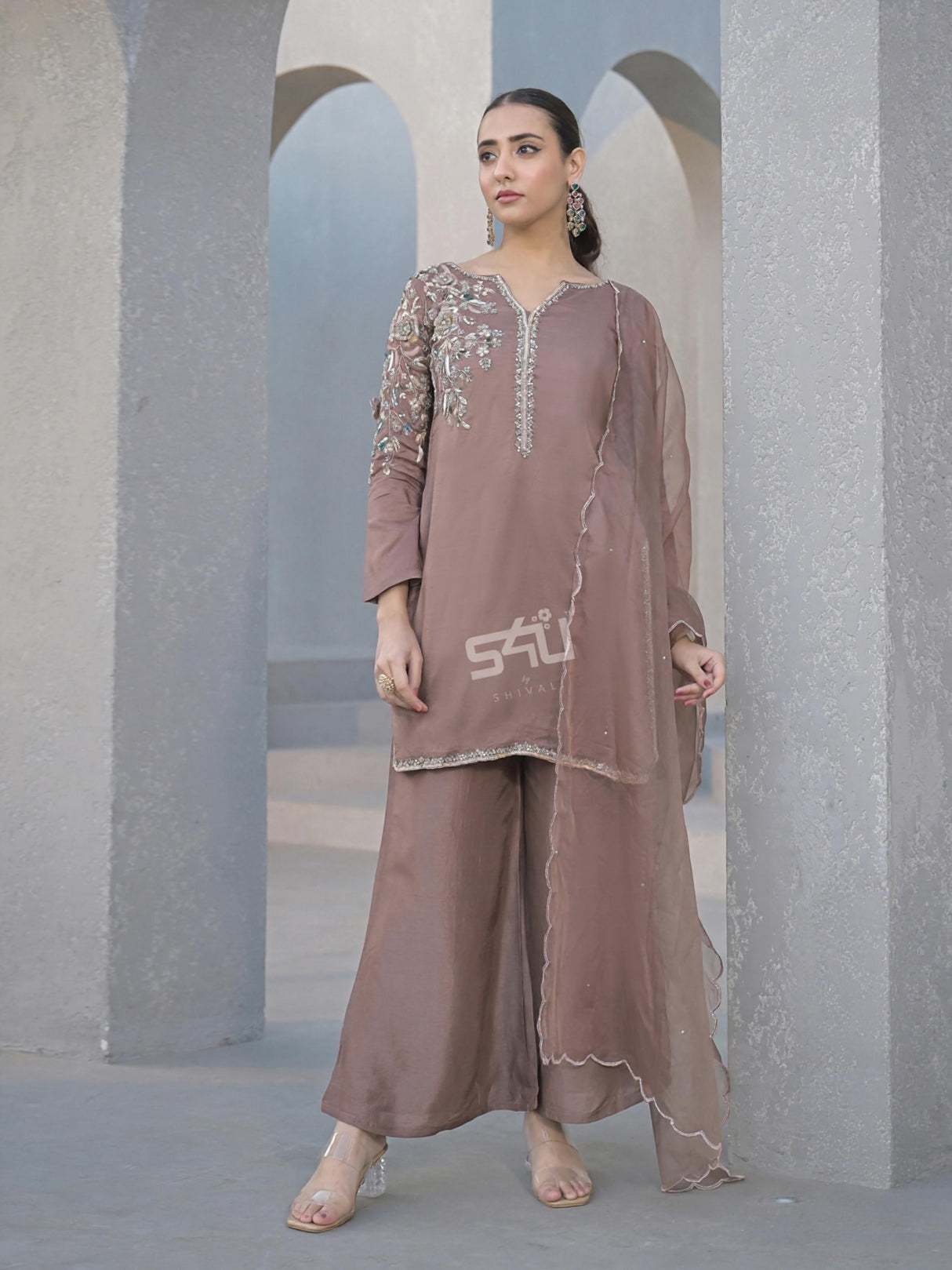 Mauve Floral Handwork Kurta Set with Palazzo & Dupatta | Label S4U