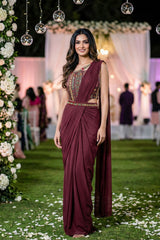 Wine Embroidered Draped Saree Couture