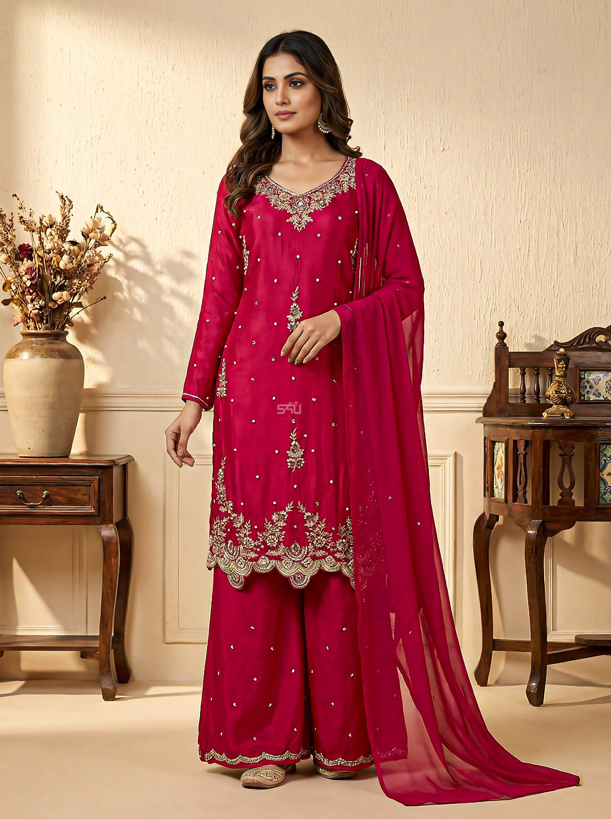 Crimson Gold Embroidered Luxe Sharara Set