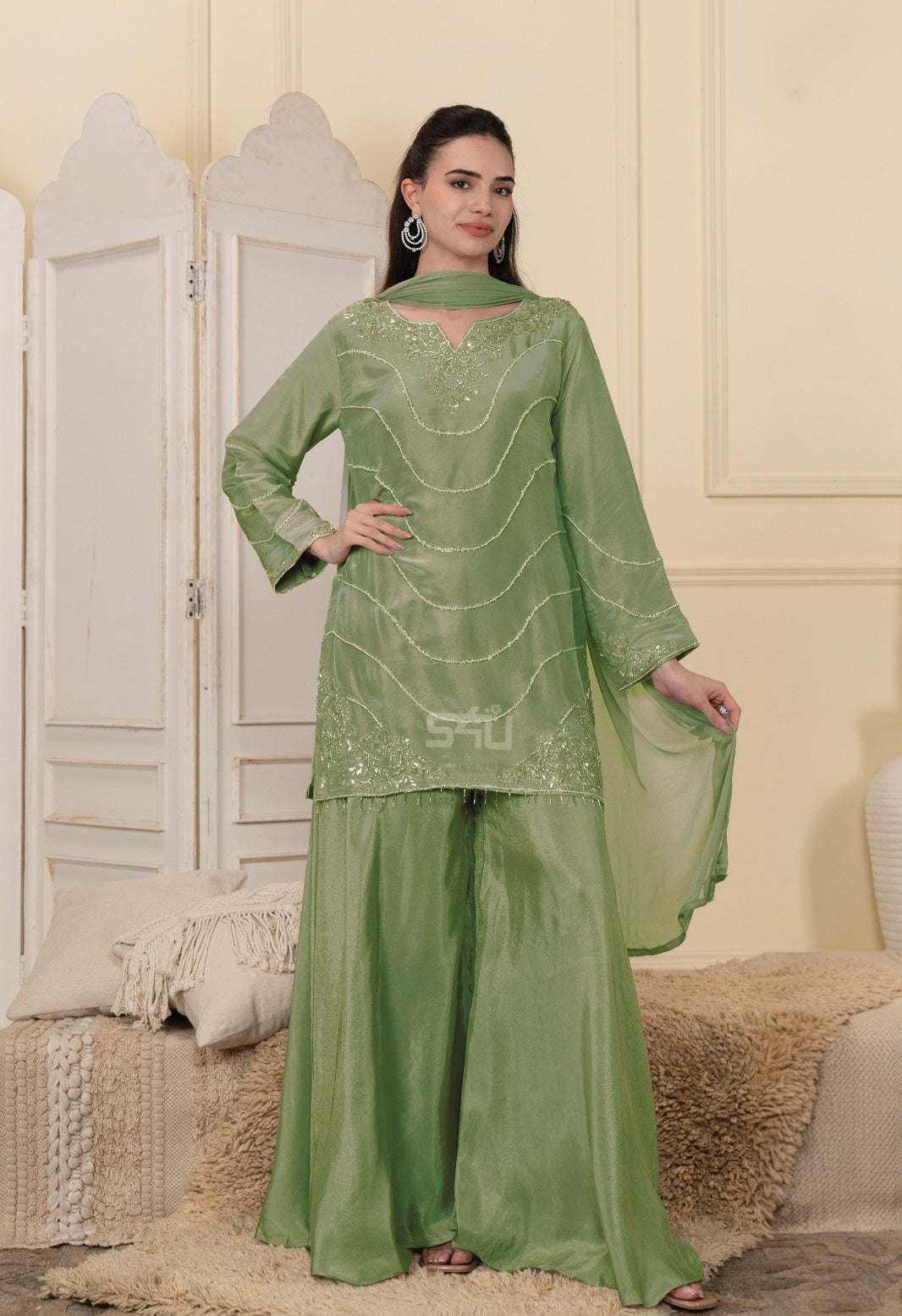 Pistachio Silk Embroidered Luxe Sharara Set