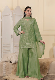 Pistachio silk sharara set with embroidery and a matching dupatta