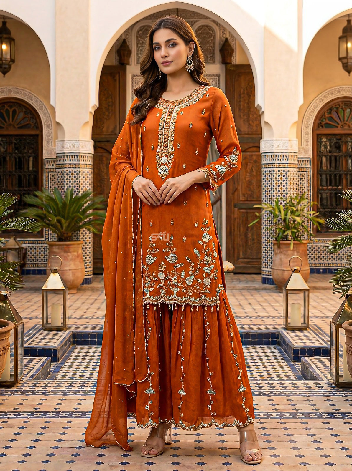 Rust Floral Embroidered Luxe Sharara Set