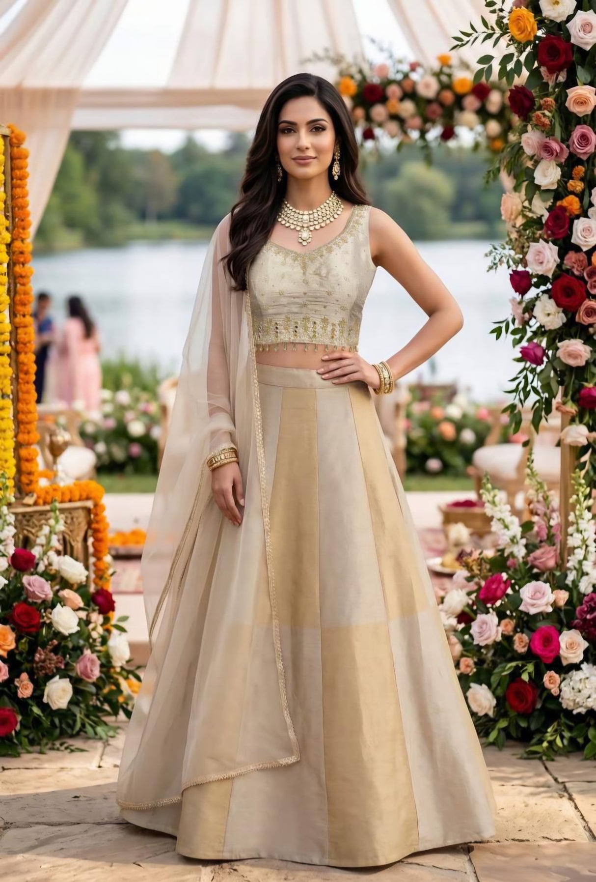 Champagne Ivory Panelled Lehenga Luxe Set