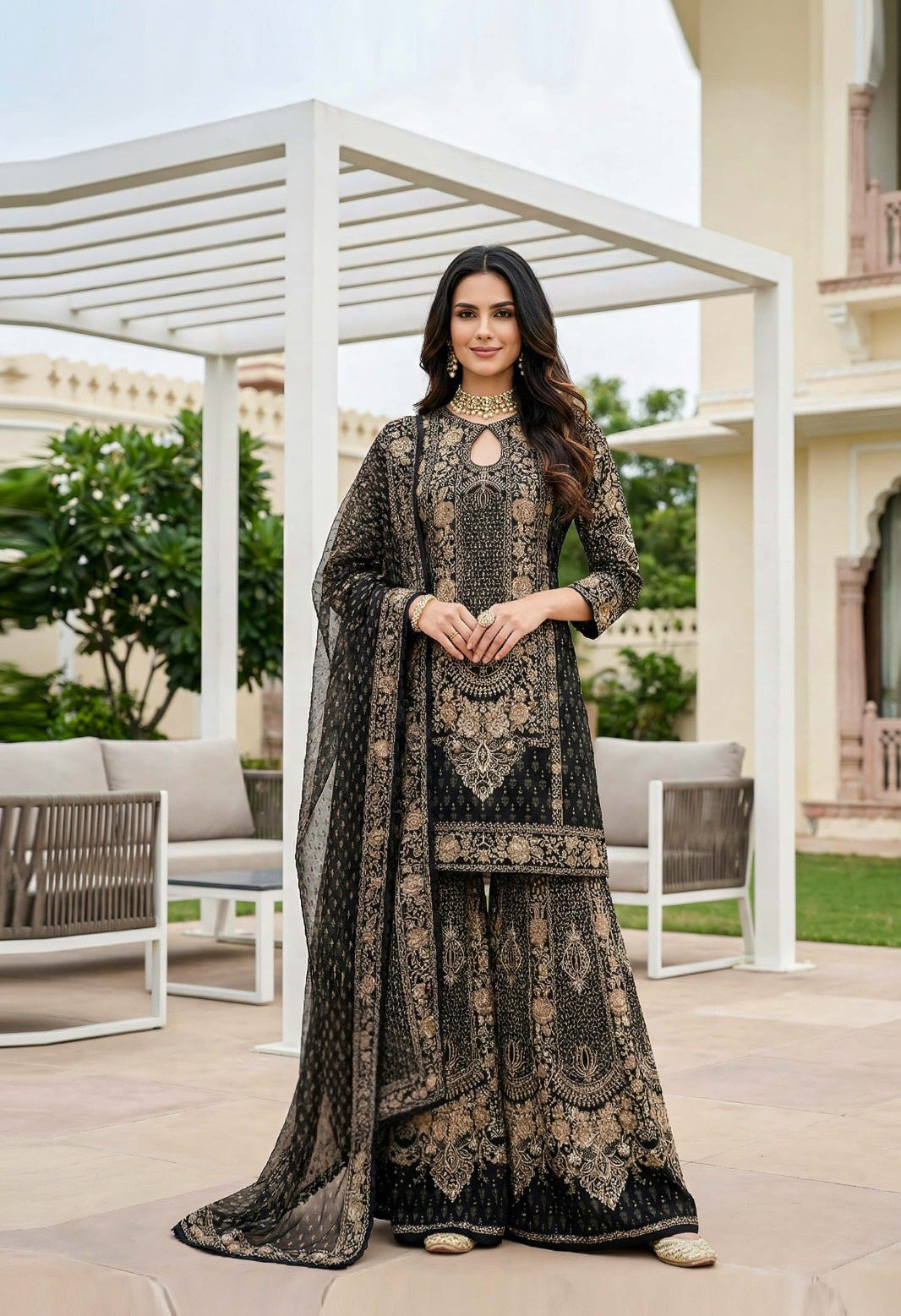 Noir Regal Embroidered Sharara Ensemble
