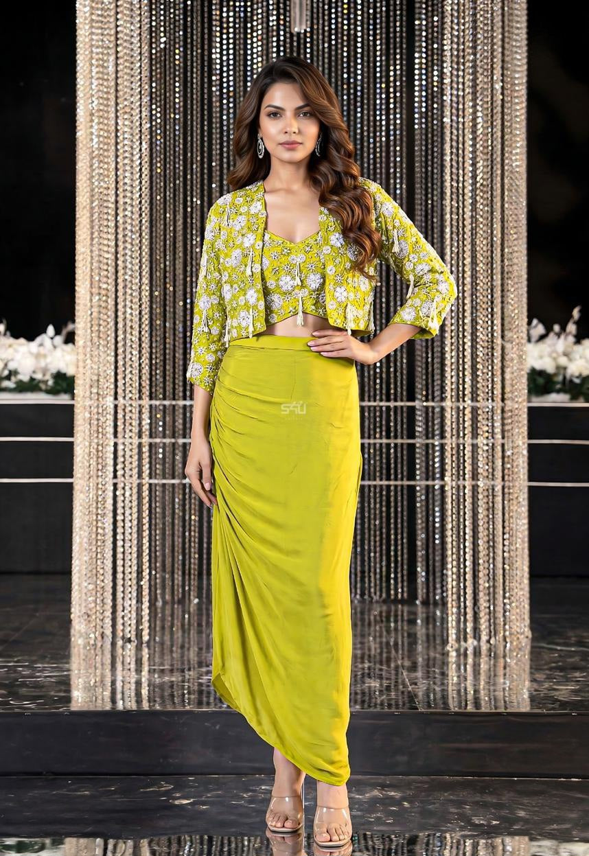 Lime Blossom Printed Jacket Skirt Set