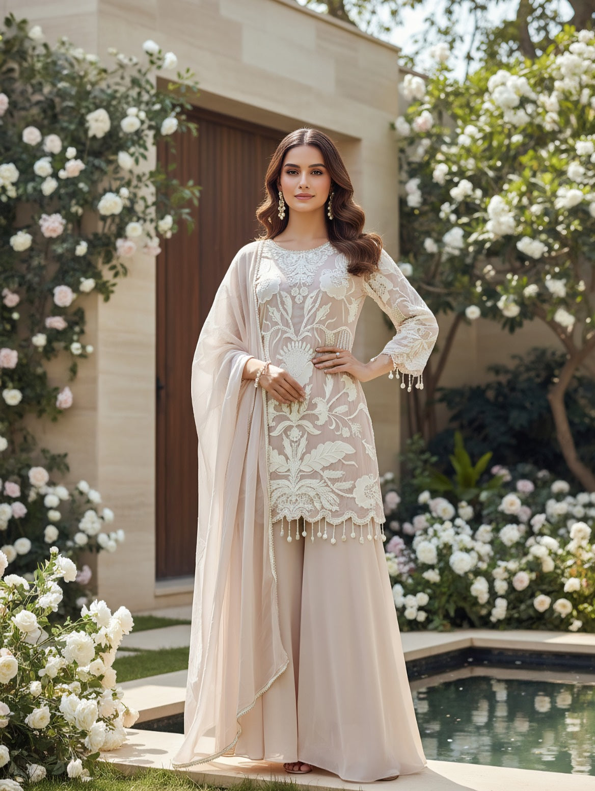 Ivory Bloom Embroidered Luxe Sharara Set