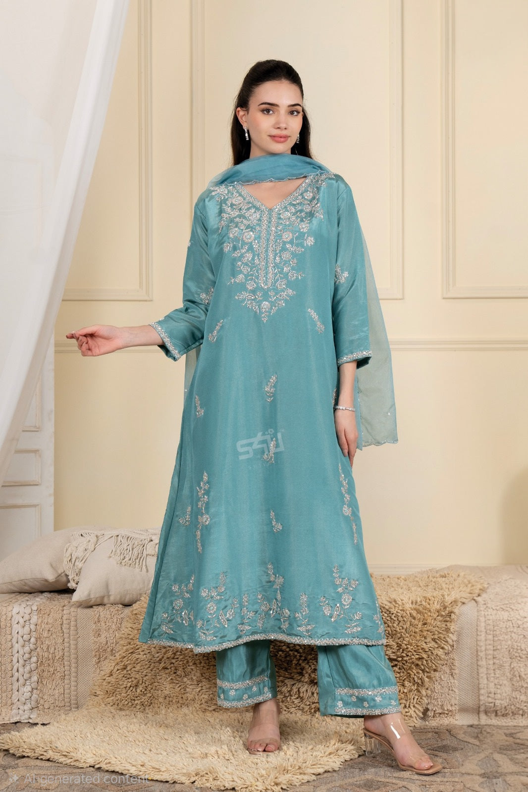Aqua Blue Embroidered Kurta Set