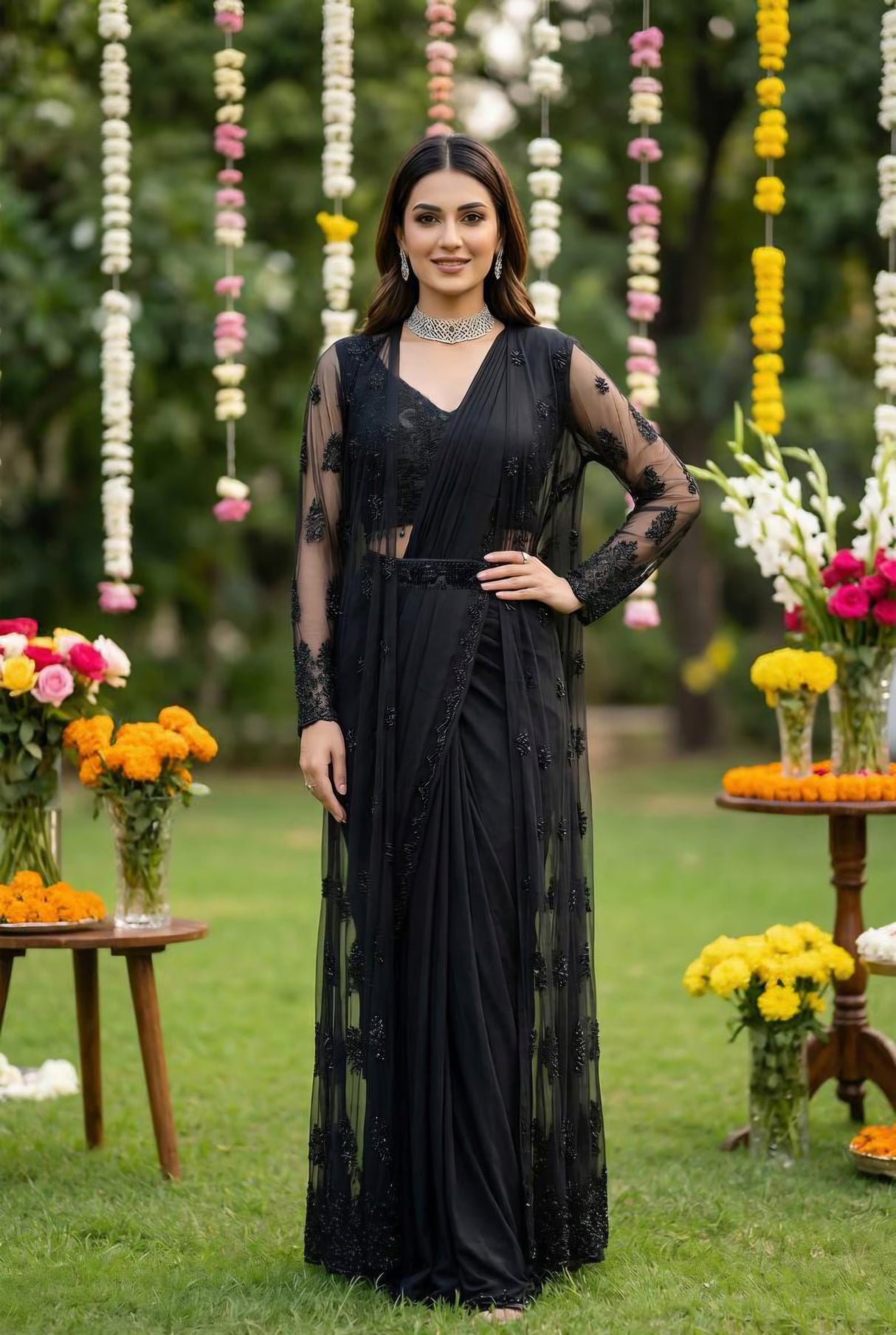 Midnight Noir Draped Saree Set