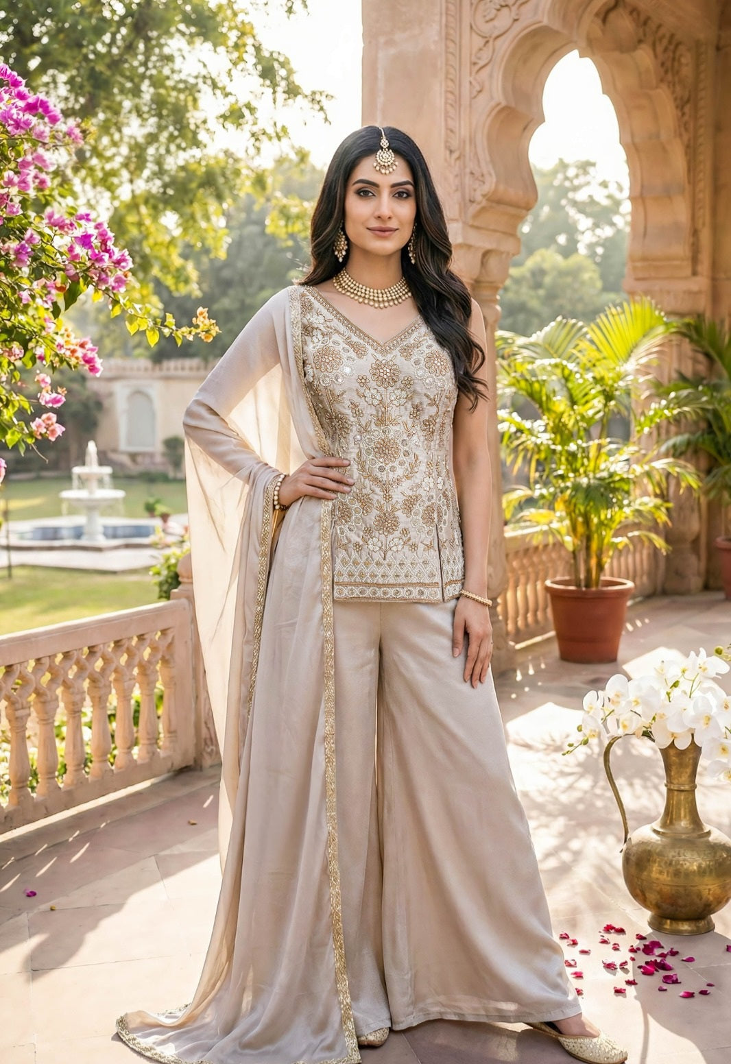Pearl Ivory Embroidered Palazzo Set