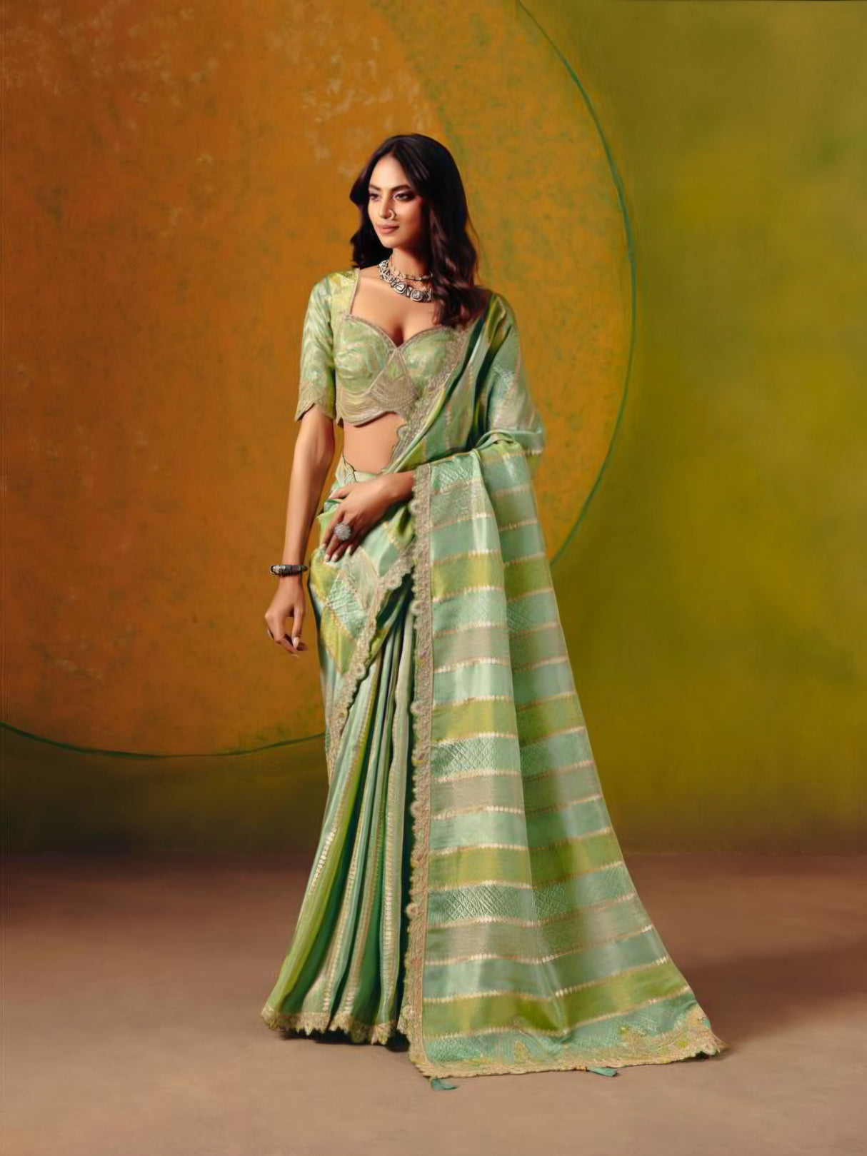 Mint Zari Drape Saree Couture Ensemble