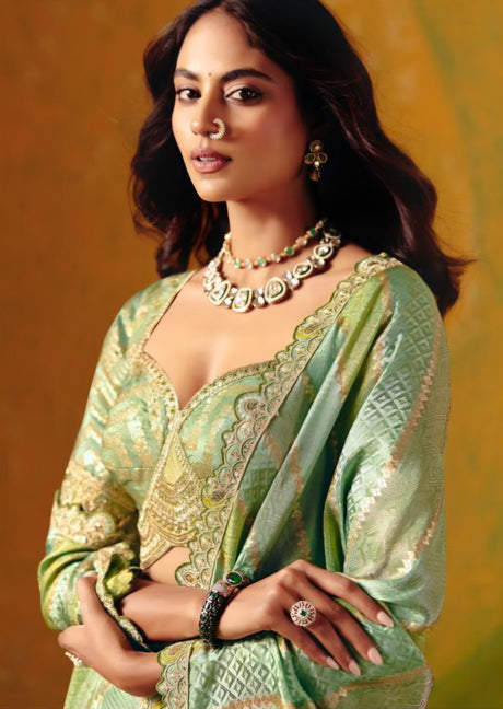 Mint Zari Drape Saree Couture Ensemble