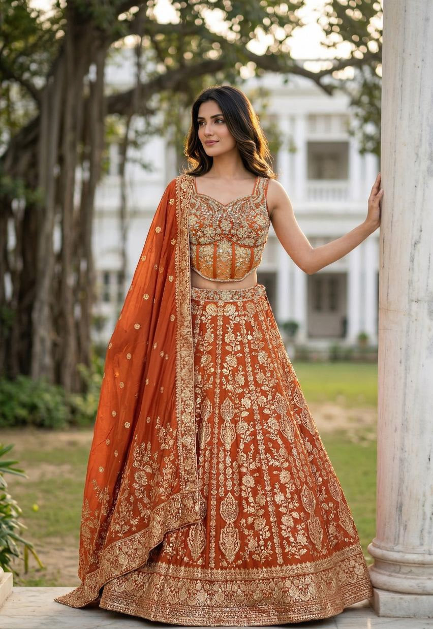 Rust Zari Royal Lehenga Couture Ensemble