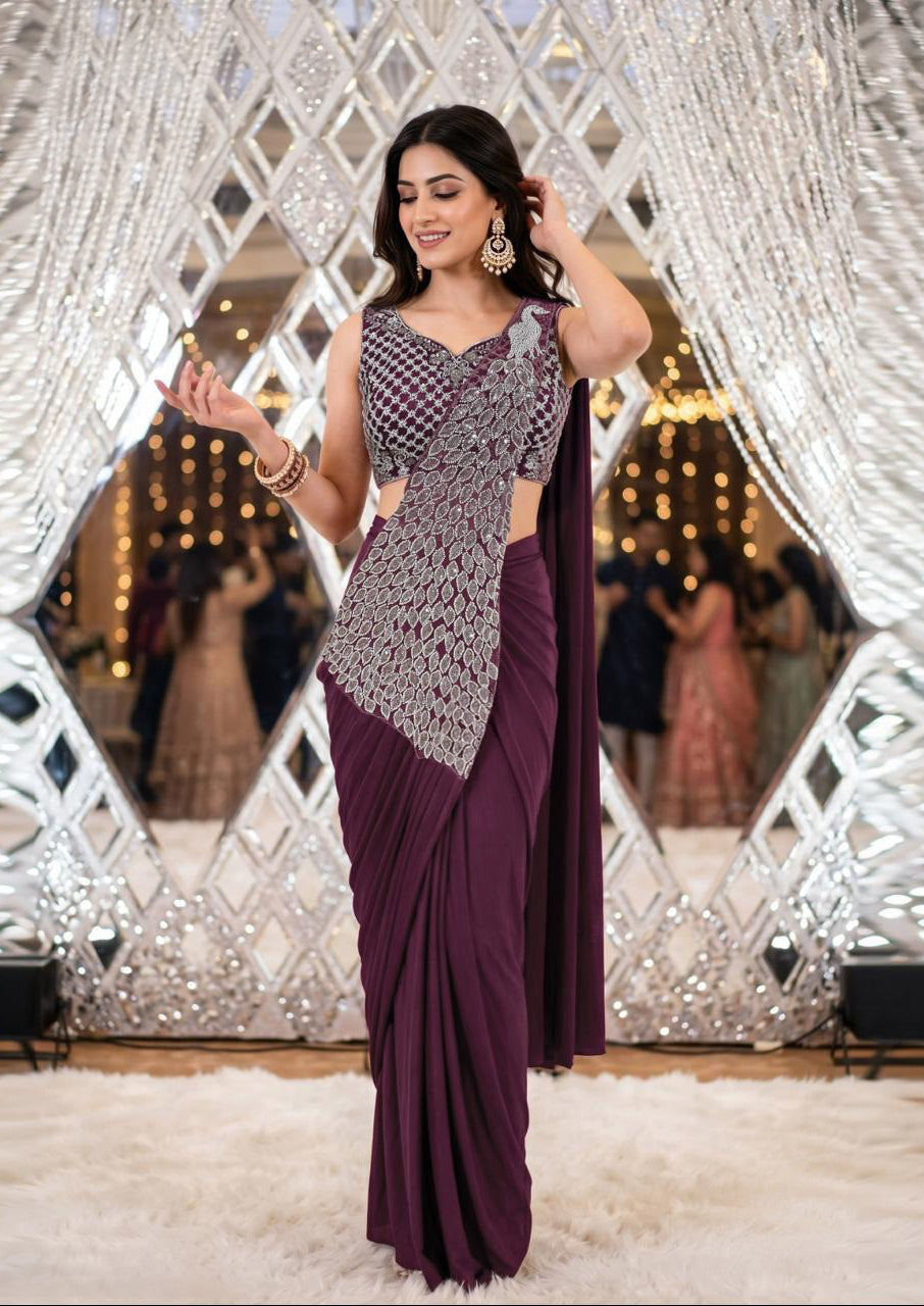 Plum Crystal Drape Saree Couture Ensemble