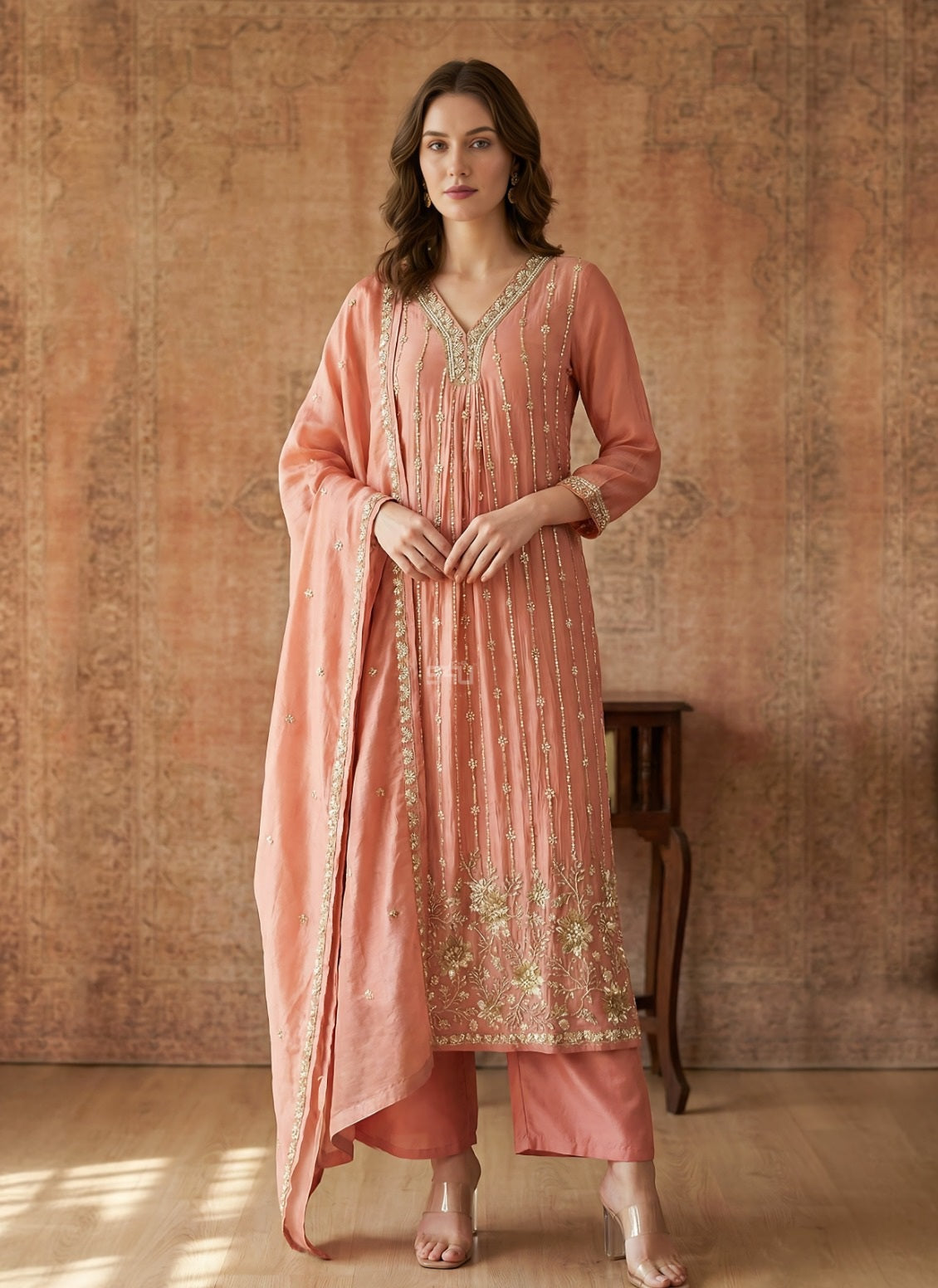 Peach Zari Palazzo Couture Ensemble