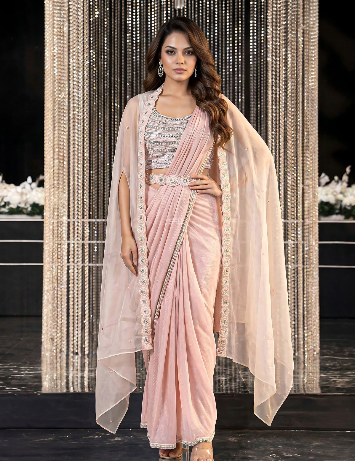 Blush Pearl Cape Saree Couture Ensemble