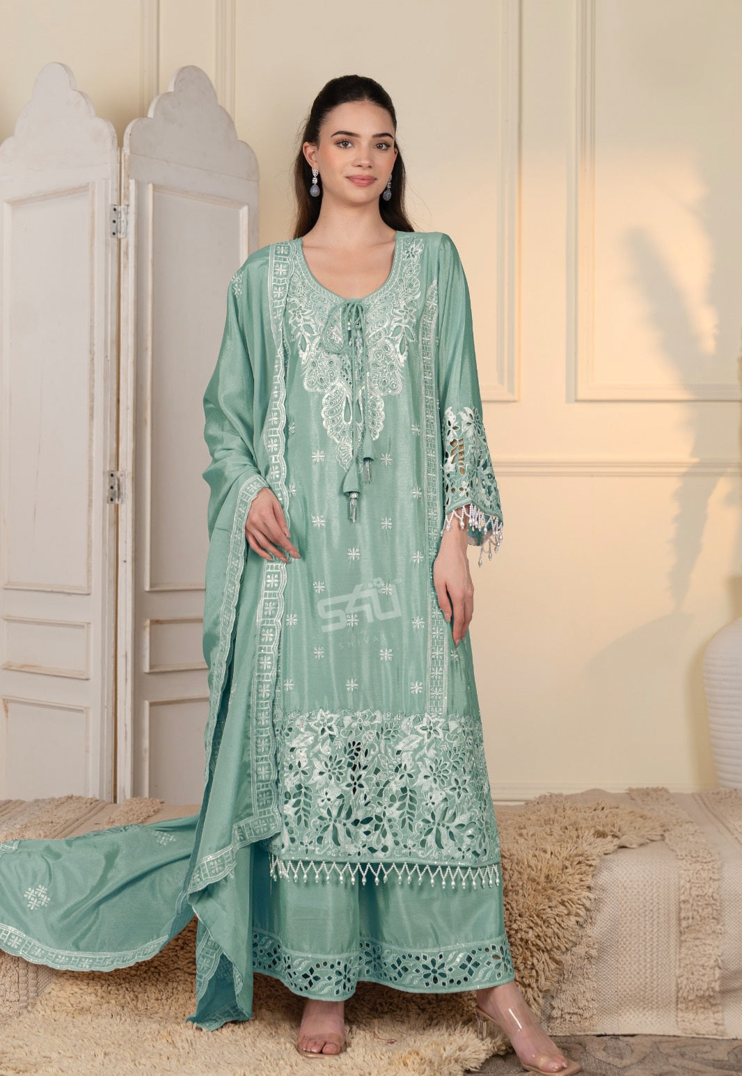Mint Lace Palazzo Couture Ensemble