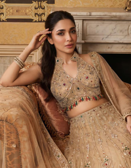 Champagne Gold Jewel Embroidered Lehenga Couture Ensemble