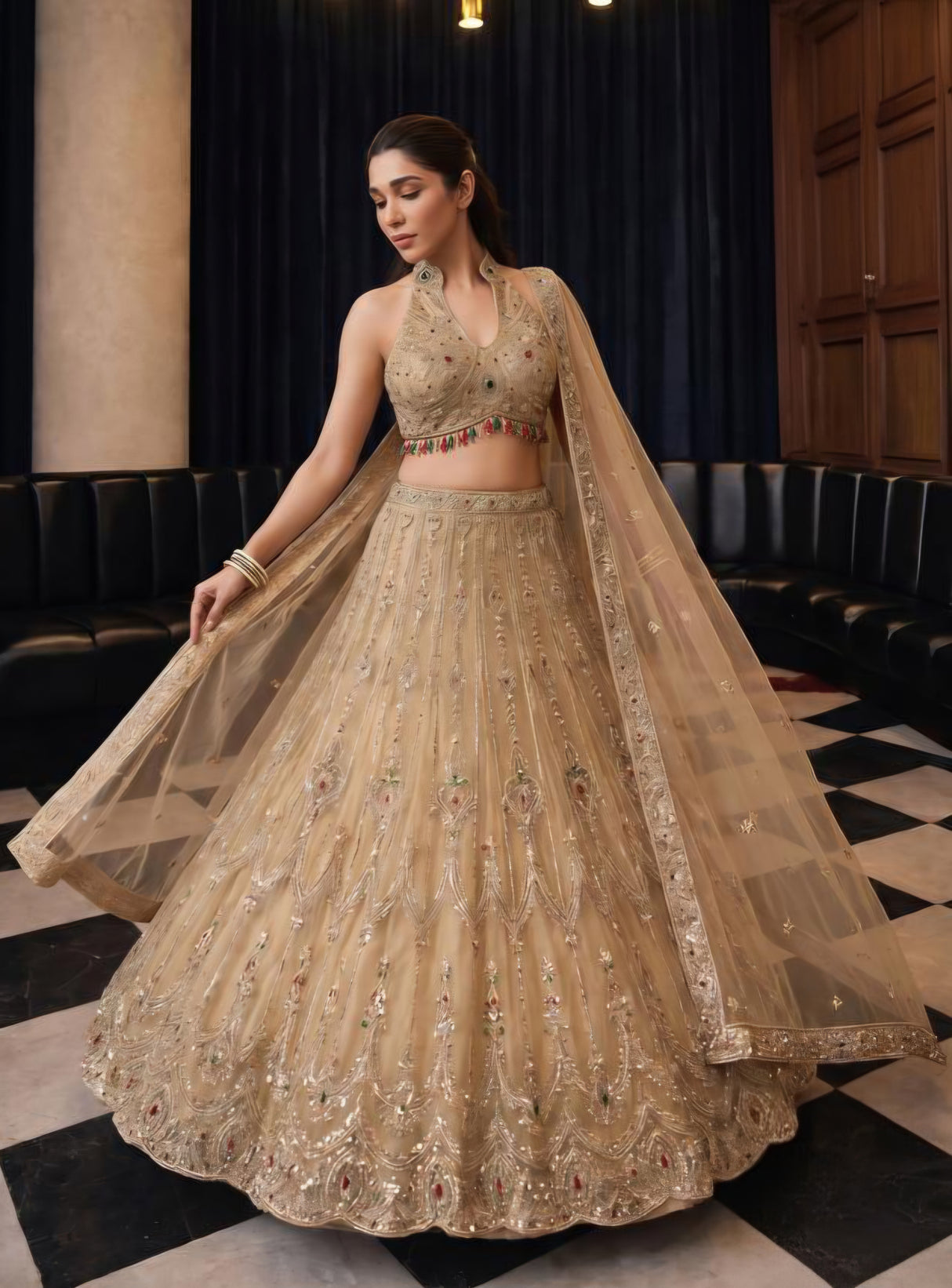 Champagne Gold Jewel Embroidered Lehenga Couture Ensemble