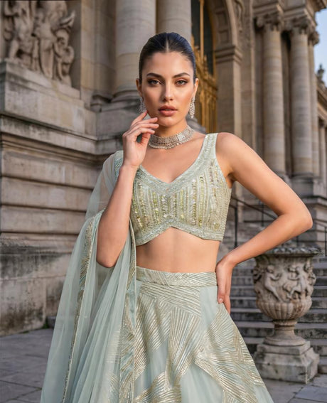 Sage Silver Geometric Luxe Lehenga Couture Set