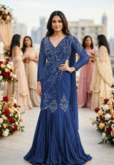 Midnight Sapphire Silver Draped Sharara Couture Set