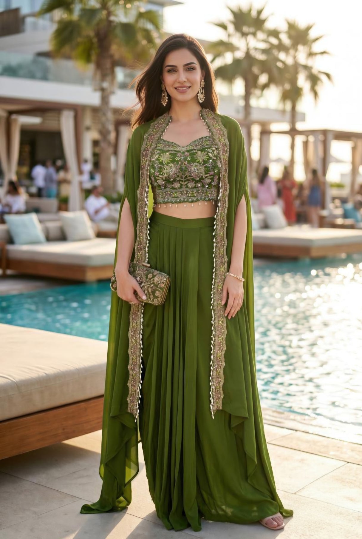 Olive Zari Cape Palazzo Couture Ensemble