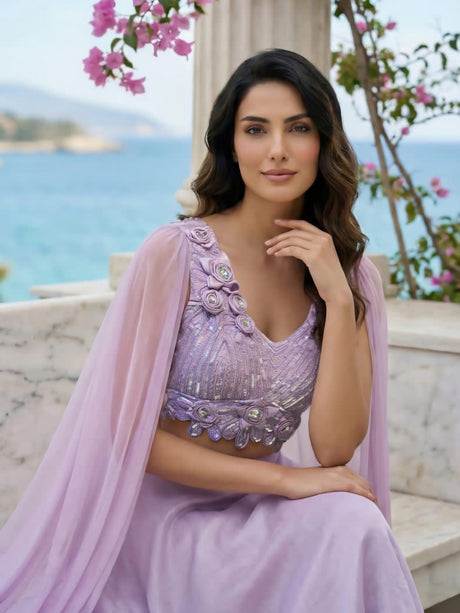 Lavender Draped Cape Lehenga Couture Ensemble