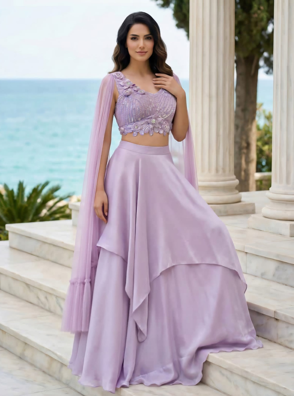 Lavender Draped Cape Lehenga Couture Ensemble