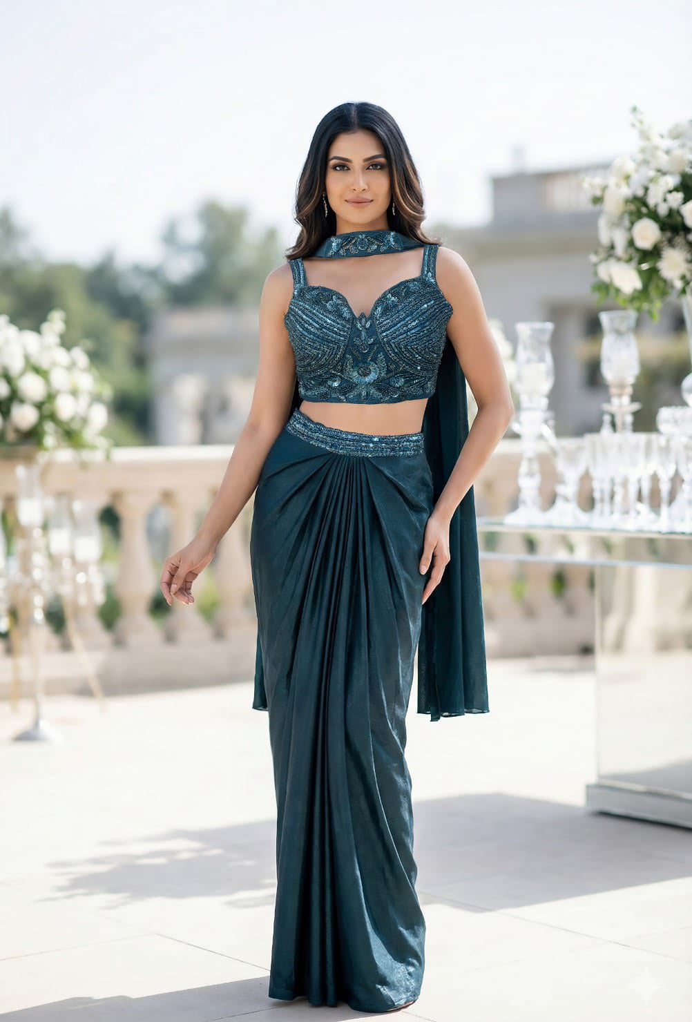 Midnight Teal Draped Saree Couture Ensemble